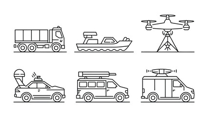 Transportation and Technology Illustration: A line art illustration showcasing diverse modes of transportation and modern technological devices, emphasizing functionality and design.