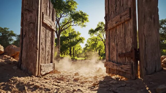 Old wooden gate opening onto a bright, sunny, green landscape from a dry, rocky foreground