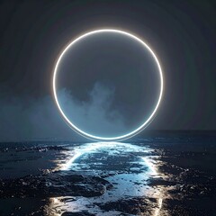 A glowing circle hovers over a dark reflective surface