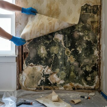 Mold removal process: gloved hands peeling wallpaper in home renovation scene