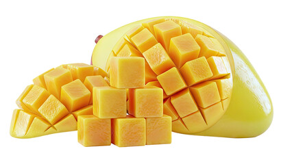 Cubed Mango and Whole Mango on White Background