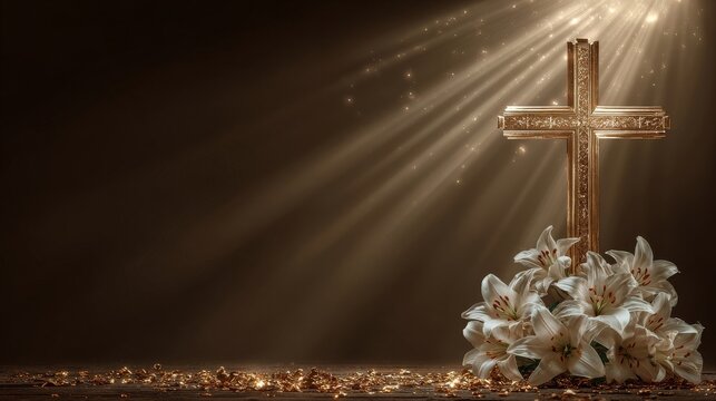 A luminous Easter cross surrounded by spring lilies and light, placed on a textured background, formatted as a horizontal banner with copy space, suitable for first communion, baptism, and wedding