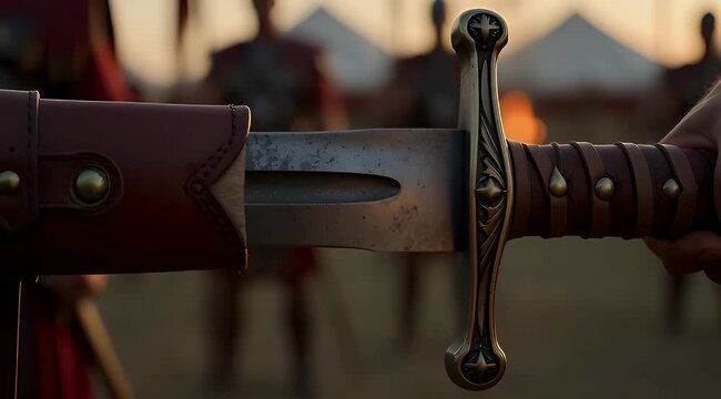 Cinematic Roman Gladius Sword Detail in Ancient Military Army Camp Setting