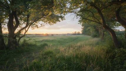 Peaceful Meadow Framed By Trees At Sunset With Soft Light And Calm Natural Countryside