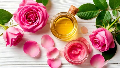 bottle of perfume and roses, top view
