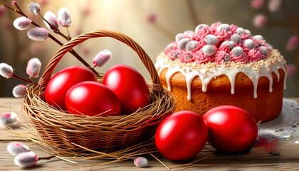 red Easter eggs in a basket next to a Easter cake and willow branches