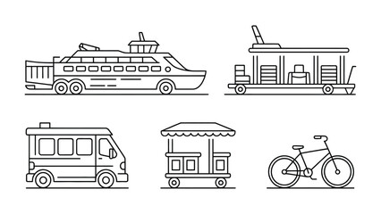Naklejka premium Vehicular Variety: A collection of various vehicles, including a ferry, tram, van, cart and bicycle are depicted in a clean, illustrative style.