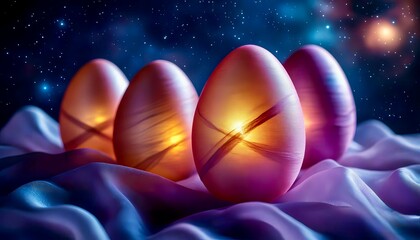 Easter eggs glowing from the inside on a dark background