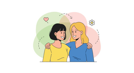 Two smiling women with arms around each other hearts and flowers nearby