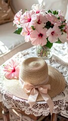 Woven Straw Hat with Ribbon and Hibiscus Bouquet on Lace Coffee Table