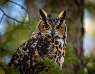Staring owl portrait. A striking bird with orange eyes peers out from the leafy branches of a tree