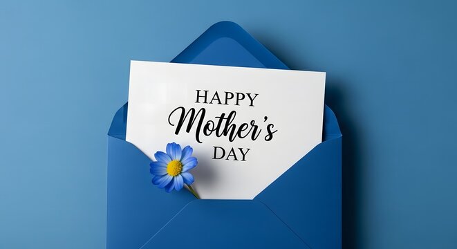 Happy mother's day greeting card with blue envelope and flower