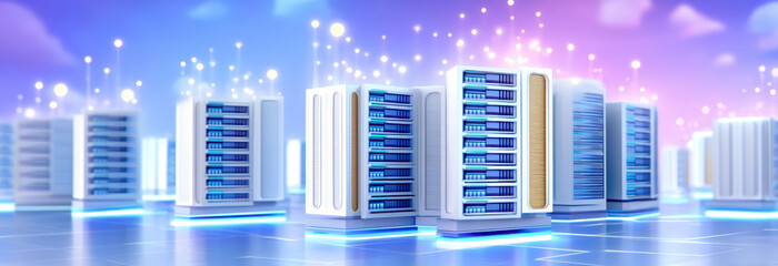 Biotechnology data center racks glowing with network lights futuristic server room energy