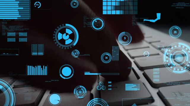 Close-up of hands typing on a keyboard with a futuristic digital overlay, featuring data visualization elements and graphical interfaces in a modern tech environment. Xenic