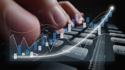 Close-up of hands on a keyboard with a financial graph overlay, symbolizing growth, data analysis, and modern technology in finance and business sectors. Copula - Powered by Adobe
