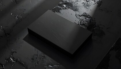 Stark black rectangle sits atop textured, dark surface, bathed in focused light