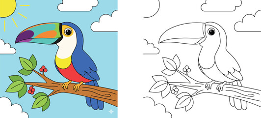 Cartoon Toucan Bird on a Tree Branch Coloring Page for Kids with Colored Example, Vector Illustration of Tropical Bird in the Jungle with Berries and Sun for Children Creative Education © MMONIR