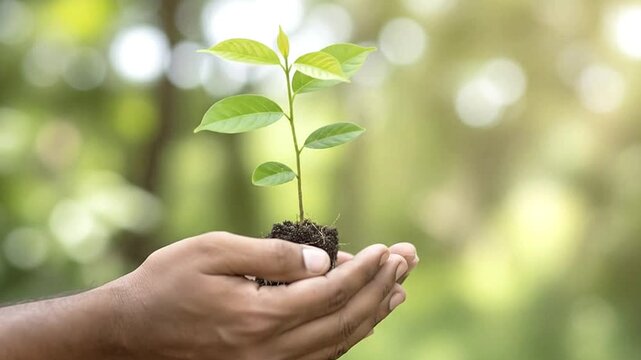 A close-up shot captures hands gently cradling a vibrant green seedling, its tender leaves and roots firmly embedded in dark soil. The blurred natural background with soft bokeh lights creates a seren