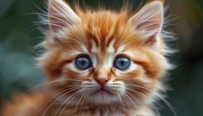 Extreme close-up macro portrait of a cute fluffy ginger kitten with big blue eyes, soft natural lighting, adorable pet concept.