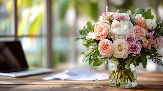 Beautiful bouquet of roses on wooden desk with laptop