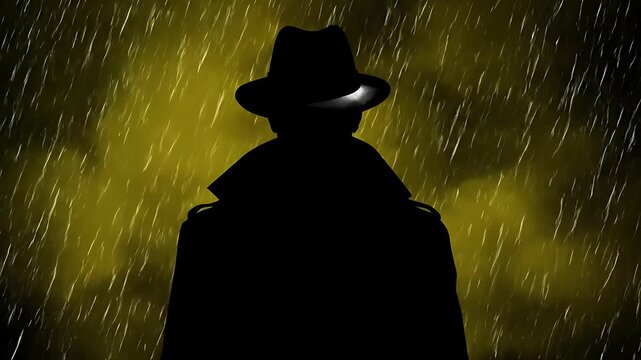 Silhouette of a mysterious figure wearing a classic fedora hat and trench coat standing alone in heavy, illuminated rainfall at night.