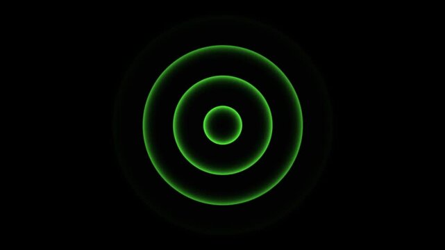 Pulsating green radar circles on a black background. Abstract sonar wave animation. Seamless loop for futuristic technology and sci-fi themes, signal searching, and detection concept
