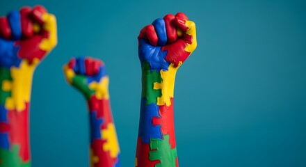 Autism awareness fists raised in support and solidarity together