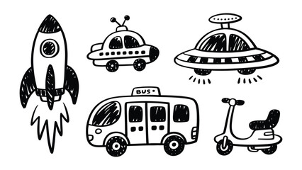 Whimsical Transport Doodle: A playful collection of hand-drawn vehicles takes flight, a charming exploration of movement and design. © Mohiuddin123