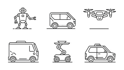 Robotics and Vehicles: A collection of line-drawn icons showcasing the advancements in robotics and transportation, representing various vehicles and automated machines.  © Hasib