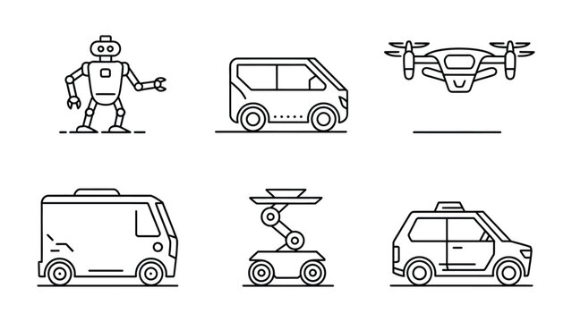 Robotics and Vehicles: A collection of line-drawn icons showcasing the advancements in robotics and transportation, representing various vehicles and automated machines. 