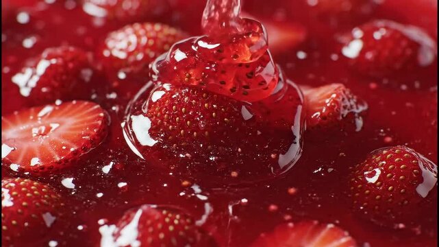 Close Up of Vibrant Red Strawberry Jam Being Poured Over Whole and Sliced Fresh Strawberries Creating a Sweet and Juicy Texture with Sparkling Details
