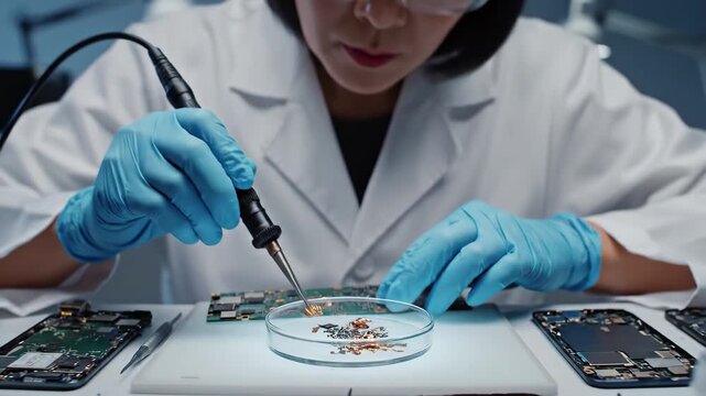 Scientist in blue gloves using tweezers to examine a small electronic circuit board over a petri dish containing tiny components