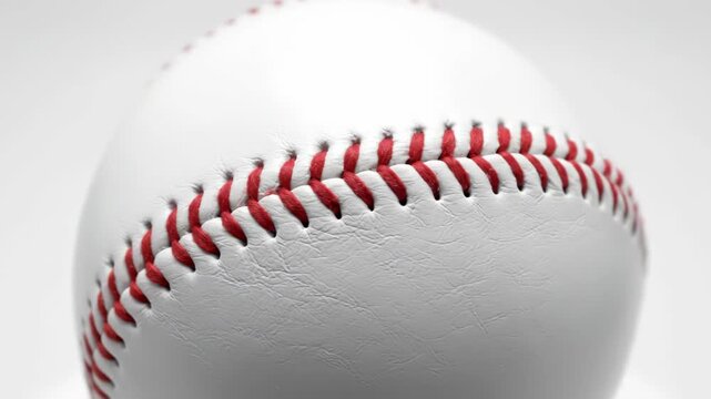 A closeup view of a white baseball with red stitching