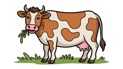 Fototapeta premium Cow Grazing: A vibrant illustration of a cow, contentedly grazing on fresh green grass, showcasing its distinctive spots and features. 