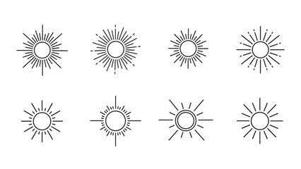 Set of various linear sunburst and sun ray icons for morning weather, bright energy, and summer sunrise design concept.