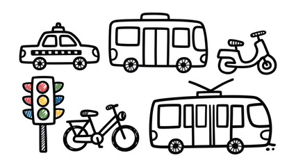 Naklejka premium Urban Transportation Sketch: An illustration showcases various modes of urban transportation, highlighting the diverse ways people move within the city.
