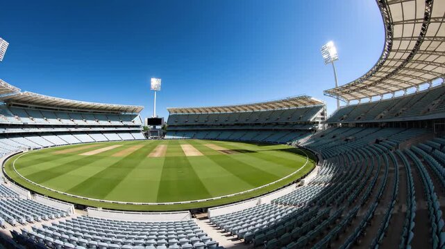 Wideangle view of a large, empty cricket stadium with green field and blue sky