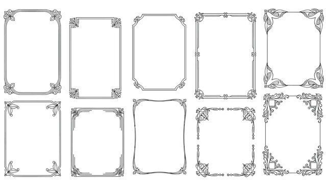 Set of ornate decorative borders and vintage frames for elegant wedding invitation and classic certificate design concept.