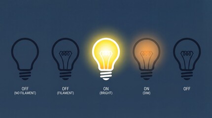 Light Bulb States in Different Stages with Bright Yellow Glow in Minimalist Illustration for Creative
