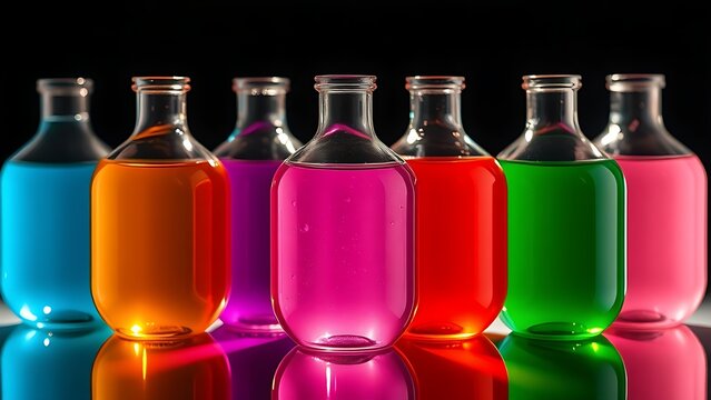 demijohns. Colorful liquids in round glass demijohns creating light refraction, dark background, crisp details. STEM education sheets.