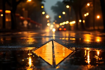 Rainy night reflection on wet street