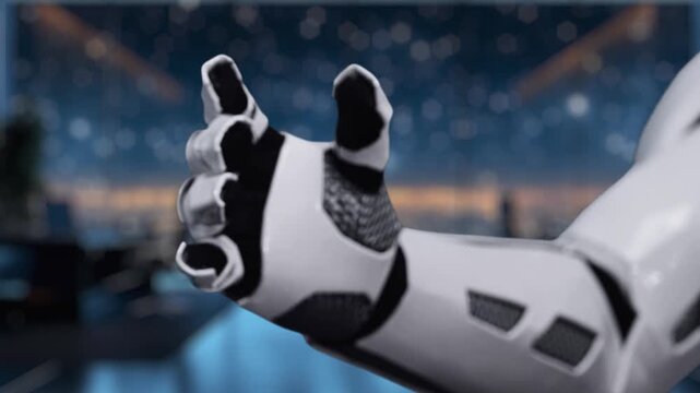 An video showcasing a hand reaching out with floating quality and cost symbols, representing the concepts of business growth and optimization in a sleek office setting. Auvana