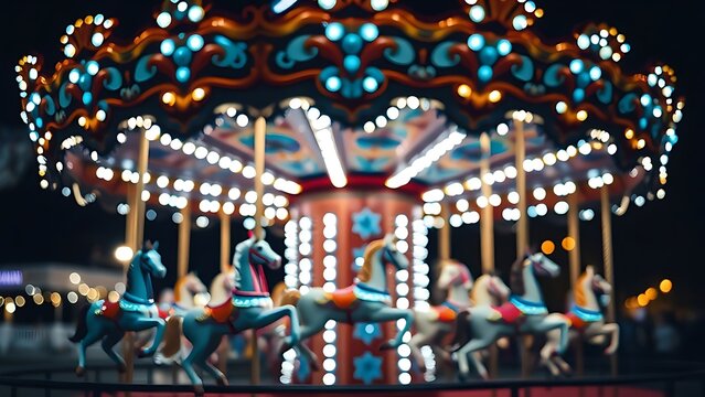 oganesson. A vibrant carousel at night with colorful horses and festive lights. wildlife magazines, conservation campaigns, designed for wildlife conservation campaigns, used by e-commerce operators.