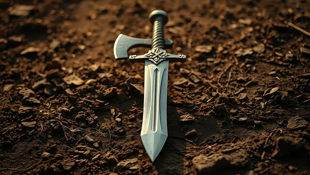 speciation. Medieval sword and axe crossed on a ground, dirt and minimal debris, dramatic side lighting. event programs, museum guides, designed for cultural heritage projects and event programs.
