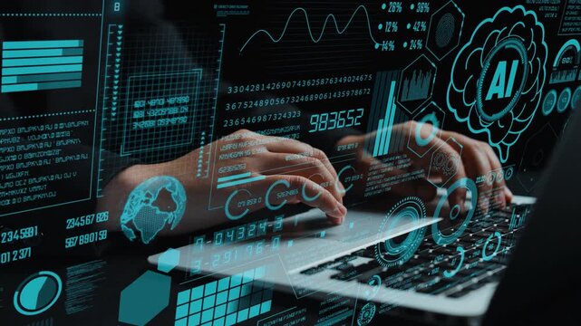 A striking visual featuring a person typing on a laptop keyboard with an intricate digital interface around, showcasing various data visualizations and AI concepts. Cipher