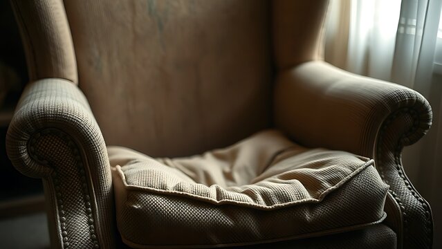 ableism. An old fabric armchair with a sagging seat cushion in warm light. lifestyle magazines, social media lookbooks, designed for lifestyle magazines and social media content, drives engagement.