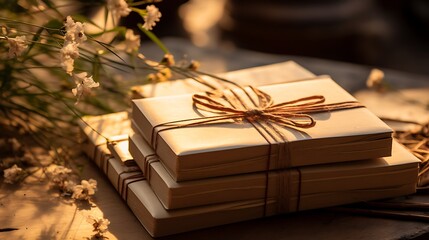 Stack of gifts with bow and flowers