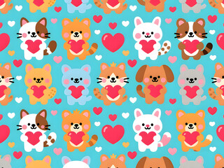 Obraz premium Seamless Valentine's Day Pattern with Cute Cartoon Animals and Hearts