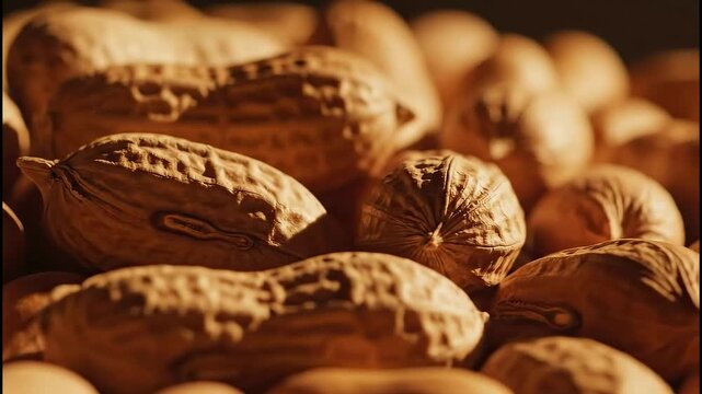 Close up shot of whole peanuts in shells under warm directional light creating a rustic and natural food texture background