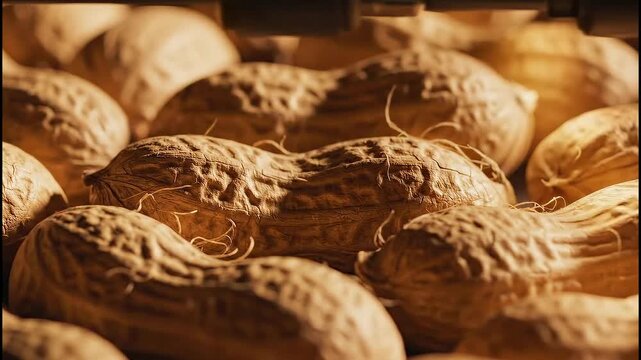 Close up shot of numerous unshelled peanuts with rough textured brown shells and visible fine hairs illuminated by warm soft light creating a natural and organic food background